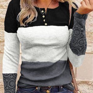 Ribbed Lace Splicing Color Block Long Sleeve Top